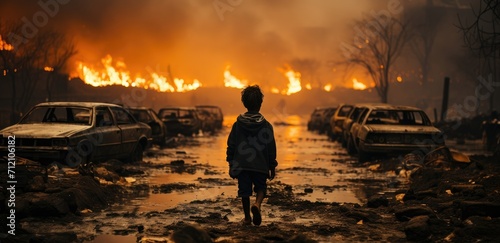 A lonely child standing in the destroyed street city with fire and burning car. World war background concept.