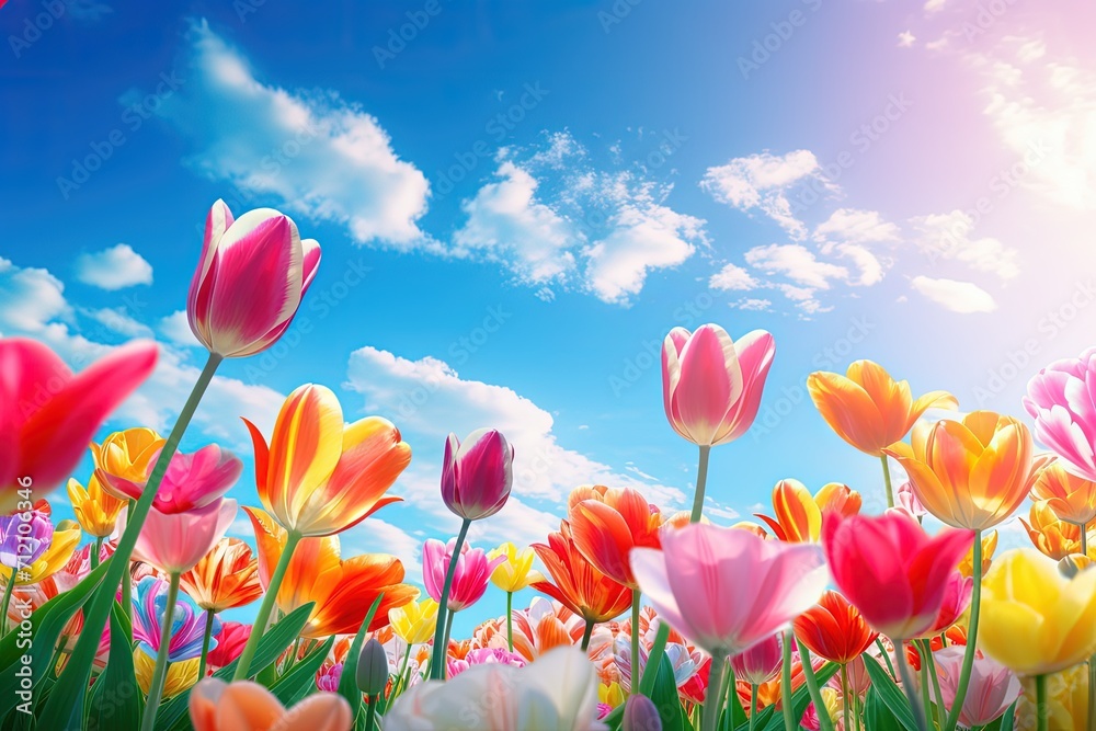 Blooming tulip field against a blue sky representing spring and flowers Blooming tulip field against a blue sky representing spring and flowers