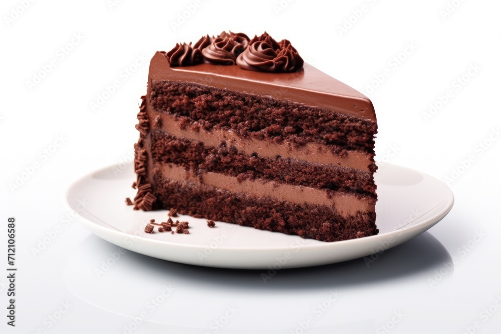 Chocolate cake slice with decorative curl on plain background Chocolate cake slice with decorative curl on plain background