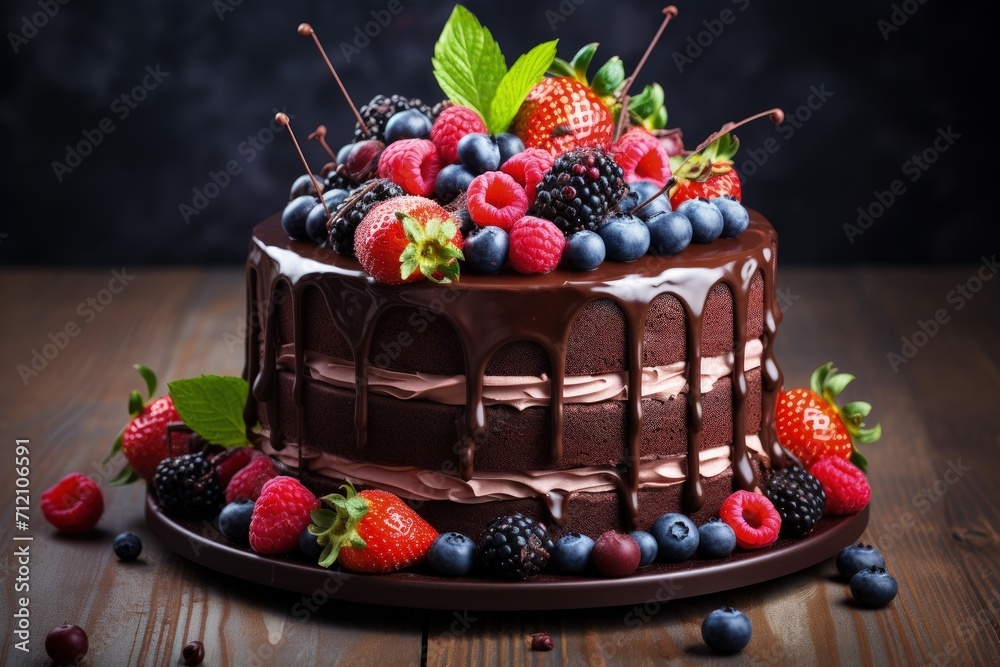 Chocolate cake adorned with assorted berries on a white table including strawberries blueberries and red currants Chocolate cake adorned with assorted berries on a white table including strawberries blueberries and red currants