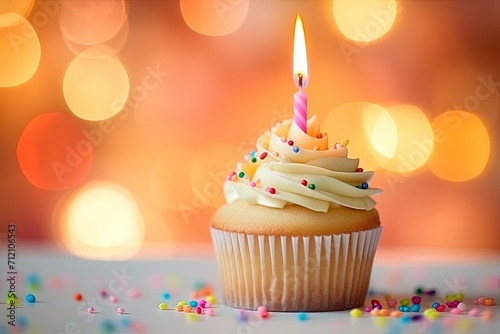 Candlelit cupcake for a celebration with shopping plan and bokeh lights