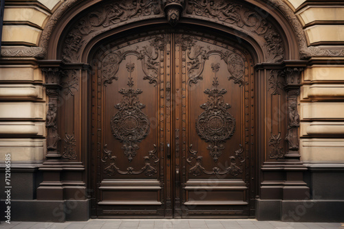  Photo of an ornate, carved wooden door in the old town of Prague, with intricate details and ironwork