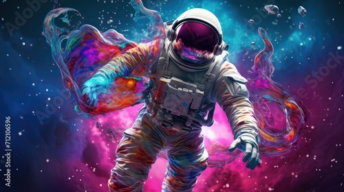  Astronaut wear space suit and fly in the colorful bubbles galaxy.