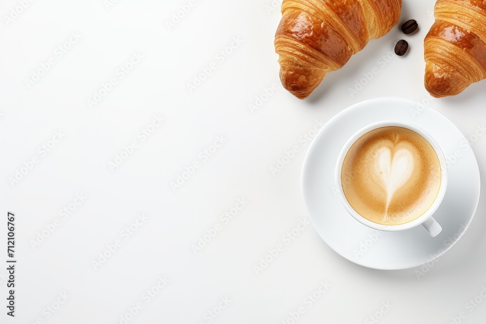 Coffee cup croissant layout on white background Healthy eating sweet food concept French breakfast Flat lay top view Design element - obrazy, fototapety, plakaty 