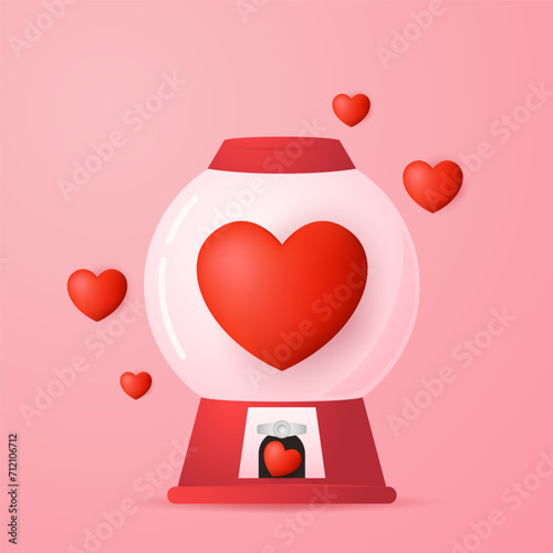 Heart in vending machine filled with red blue and white bubble gum hearts on pink background. illustration with transparent glass. Valentine's day.