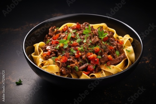 Close up top view of beef ragout sauce with pappardelle in a black bowl on a grey background