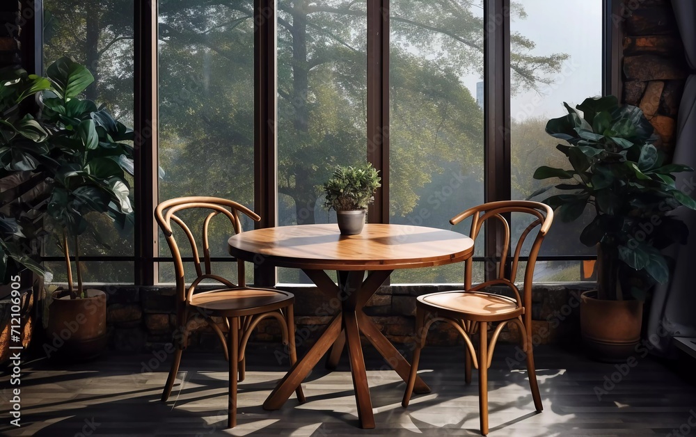 round table stands in the corner of the cafe with chairs and wood nearby and a panoramic window. generative ai
