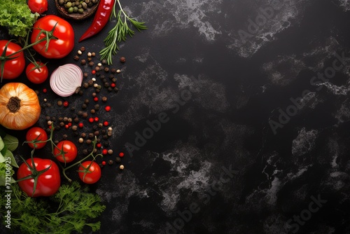 Cooking background with black stone Spices veggies Top view space for text