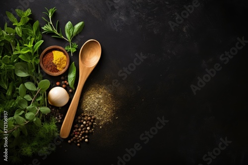 Cooking concept with vegetarian food dark background wooden spoon and ingredients