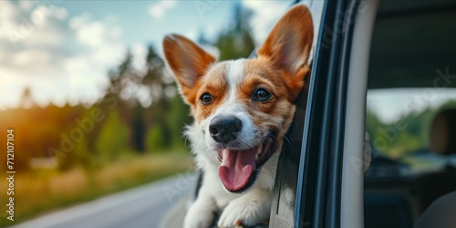Dog happy with head out of the car window. Having fun on road trip, Summer holiday, Journey and freedom © Thipphaphone