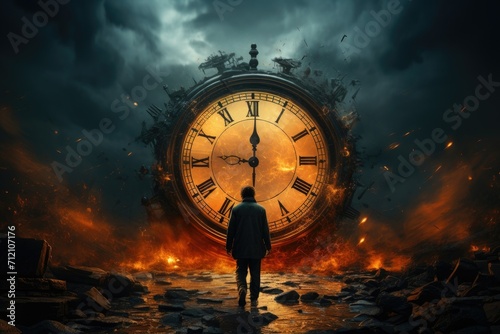 Clock running into a background with a person going through, in the style of poster. Time traveler background concept. photo
