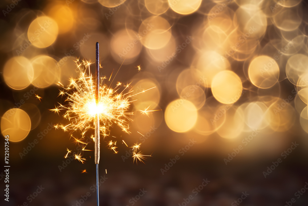 Burning party sparkler in front of golden background with bokeh lights