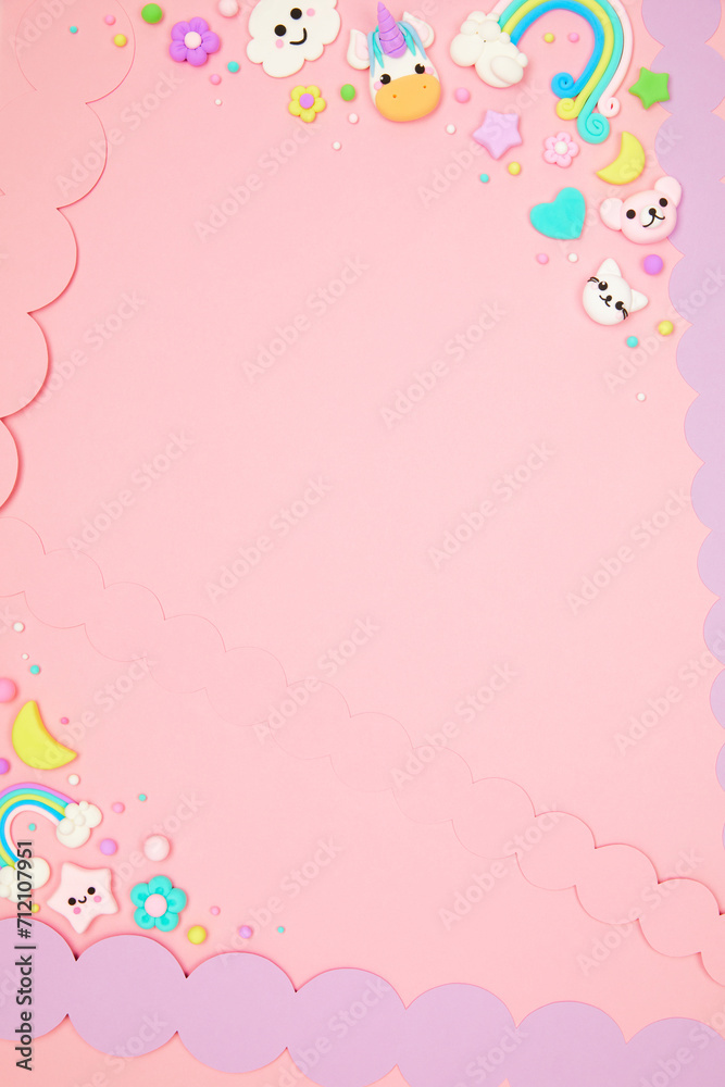 Trendy pastel pink kawaii banner background design template with cute air plasticine handmade cartoon animals, unicorns, stars, rainbows pattern. Top view, flat lay, copy space. Candycore, fairycore.