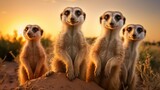A curious meerkat family standing upright