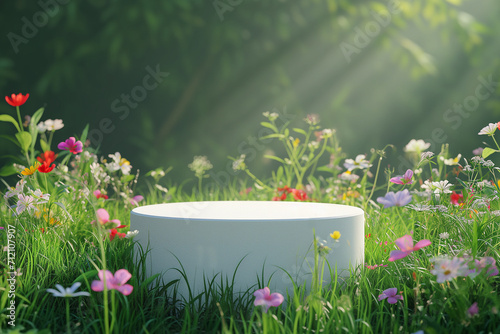 3d render White podium product stand with natural green grasses and colorful flowers on spring scene background for advertising banner, cosmetic, perfumed, fragrance, spring season, Organic