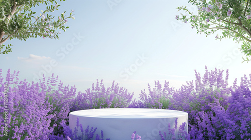3d render White podium product stand with natural lavender flowers and grass field on spring scene background for advertising banner, cosmetic, perfumed, fragrance, spring season