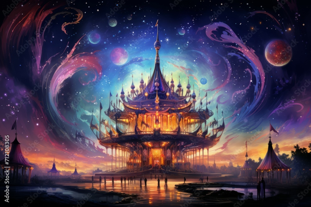 Whimsical starlight carousels, spinning through the cosmos and granting celestial rides - Generative AI Whimsical starlight carousels, spinning through the cosmos and granting celestial rides - Generative AI