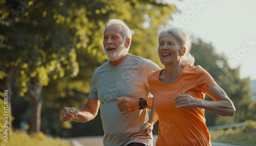 Portrait an elderly couple run on a morning summer
