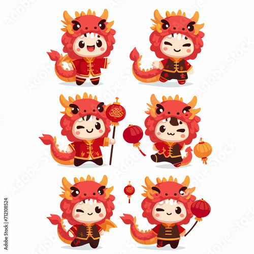 Chinese New Year 2024 cute dragon zodiac with mandarin orange, gold ingot isolated on white background