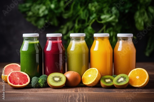 Detox smoothie juices in assorted flavors containing fruits and vegetables in bottled form
