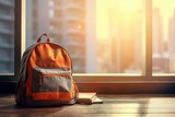 Yellow school bag with books and school stuff in the bokeh classroom background. Back to school concept background with copyspace, place for text.	