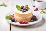 Fresh berries and powdered sugar on homemade vanilla sponge cake on a white plate