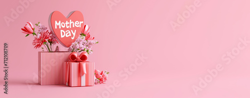 3D render happy mother day banner with copy space. Celebrating mother's day with giftbox, heart and flowers