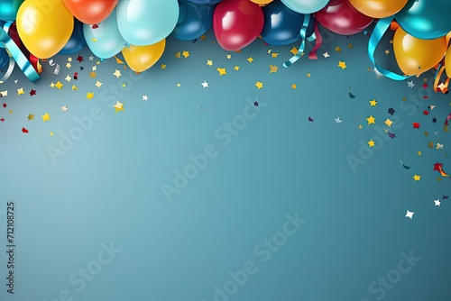 Festive frame with balloons gifts confetti stars cap and streamer Birthday or party card with space Flat lay style