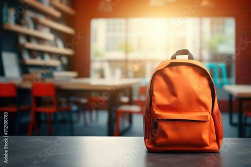 Yellow school bag in the bokeh classroom background. Back to school concept background with copyspace, place for text.	 photo