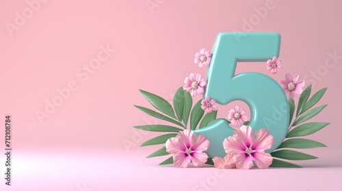 3D render number five with flowers. 5 years anniversary, Happy birthday 5 years old celebration