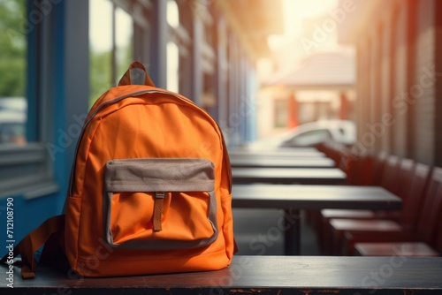 Yellow school bag in the bokeh classroom background. Back to school concept background with copyspace, place for text. 