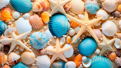 Beach with a lot of seashells and starfish. Top view.