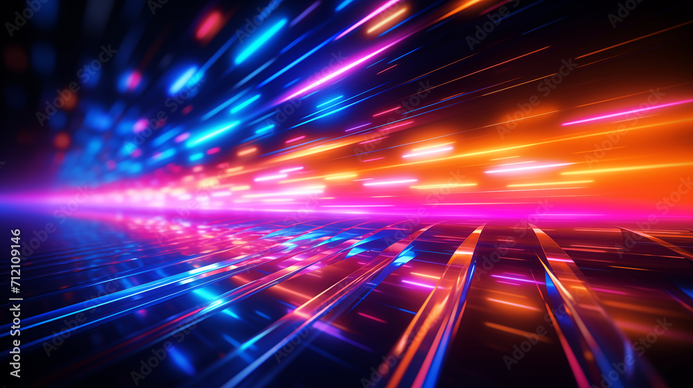 Abstract futuristic technology background with orange pink and blue neon lines on black background.