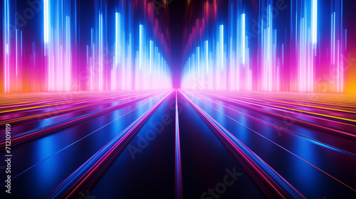 Abstract futuristic technology background with orange pink and blue neon lines on black background.