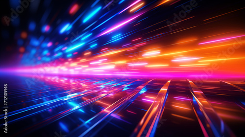 Abstract futuristic technology background with orange pink and blue neon lines on black background.
