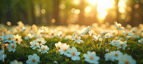 Spring flowers bloom. Abstract soft focus field. Landscape of white flowers blur grass meadow clear sunny day time. Tranquil spring summer nature closeup forest background