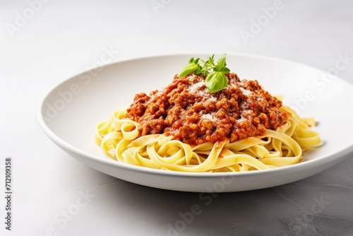 Italian pasta dish with bolognese sauce made from meat and tomato on a light grey background with copy space