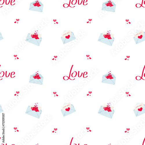 Pattern for Valentine's Day. Illustration with love objects. Cards for lovers, letters, love package, love letter. Inscription Love. Vector illustration