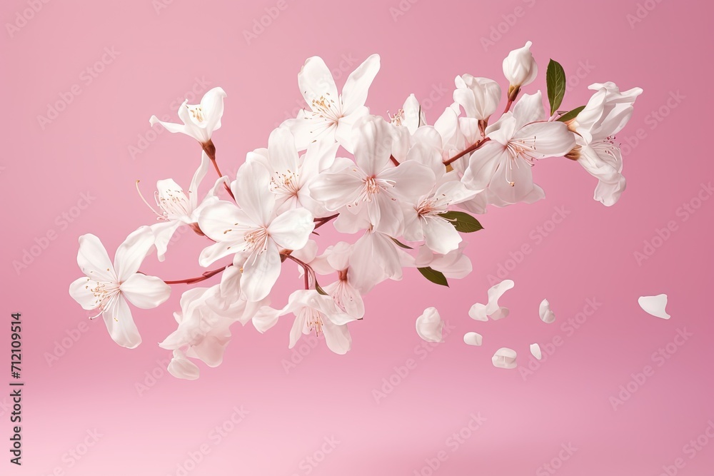Levitation concept of a stunning white Jasmine flower isolated on a pink background seen in high resolution