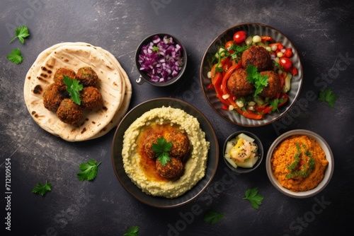 Middle eastern food with falafel hummus tabouleh pita and vegetables captured from above on a concrete surface