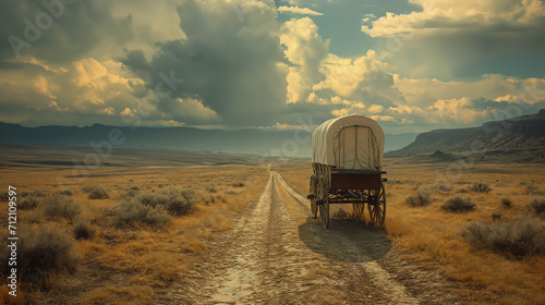 On the Oregon Trail, Endless horizon, Covered wagon, Vast landscapes, Pioneering spirit, Dusty trail markers, Film camera, Wide-angle lens, Vintage sepia tone photo