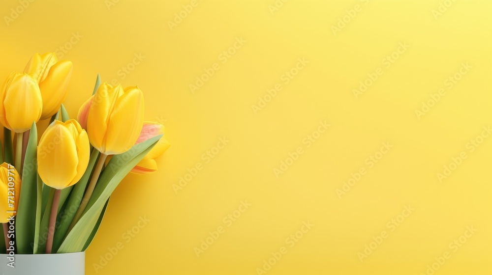 Yellow tulip flowers on yellow solid background. Fresh natural flower concept background. Yellow tulip flowers on yellow solid background. Fresh natural flower concept background.