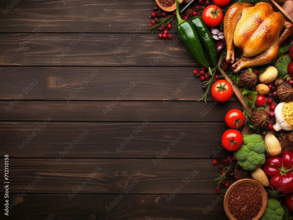 Herbs, spices, vegetables ingredients with chicken on rustic wooden table copy space background, top view. Herbs, spices, vegetables ingredients with chicken on rustic wooden table copy space background, top view.