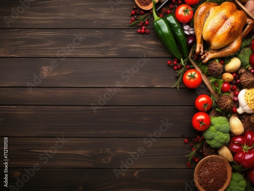 Herbs, spices, vegetables ingredients with chicken on rustic wooden table copy space background, top view.