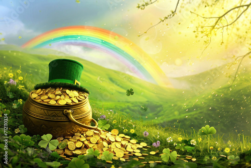 Leprechaun's Treasure. A pot of gold coins topped with a green leprechaun hat sits at the end of a rainbow in a lush, enchanted meadow. photo