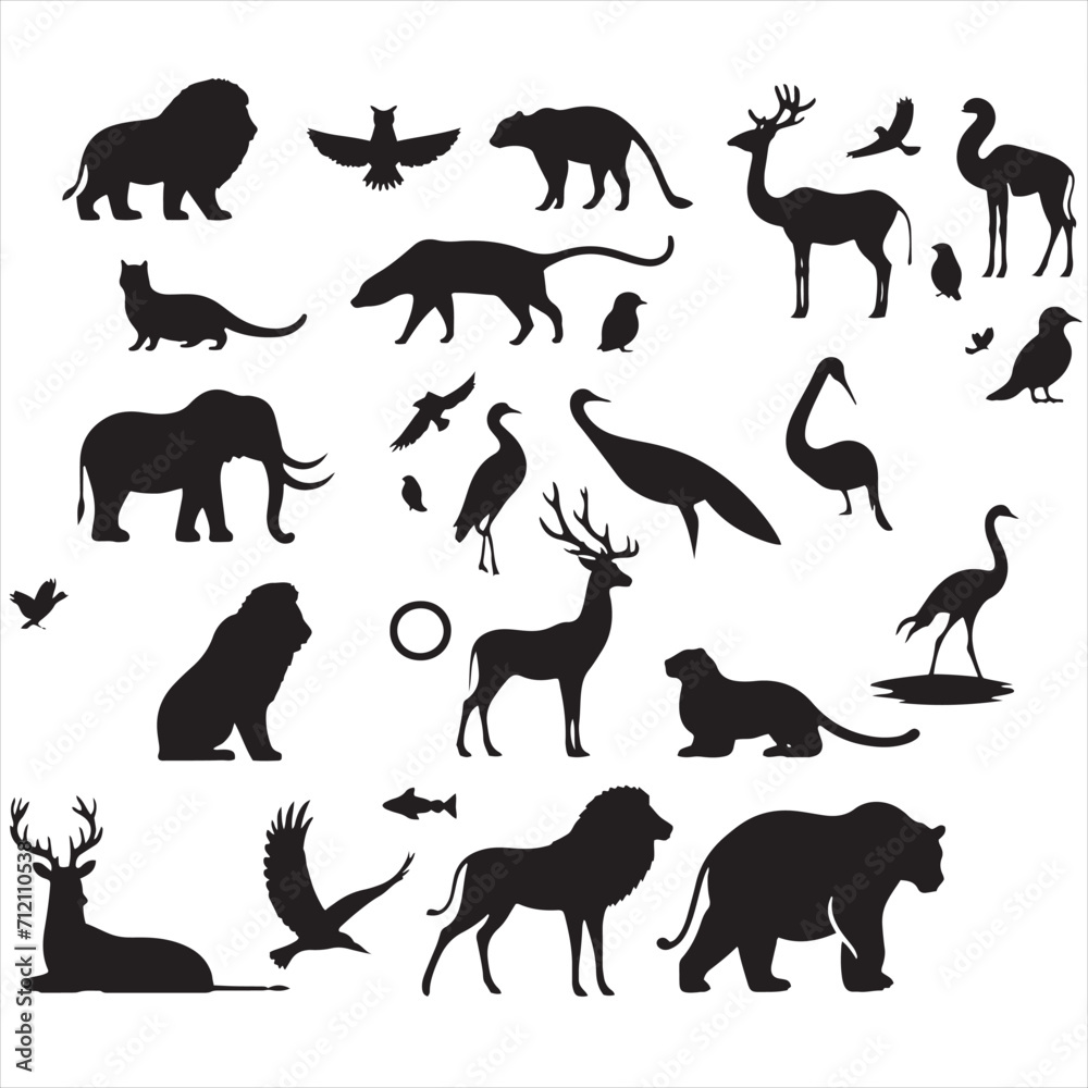 Majestic Wildlife Silhouette Collection: Diverse Array of Wild Animals in Elegant Shadows - Wildlife Silhouette - Animals Vector
