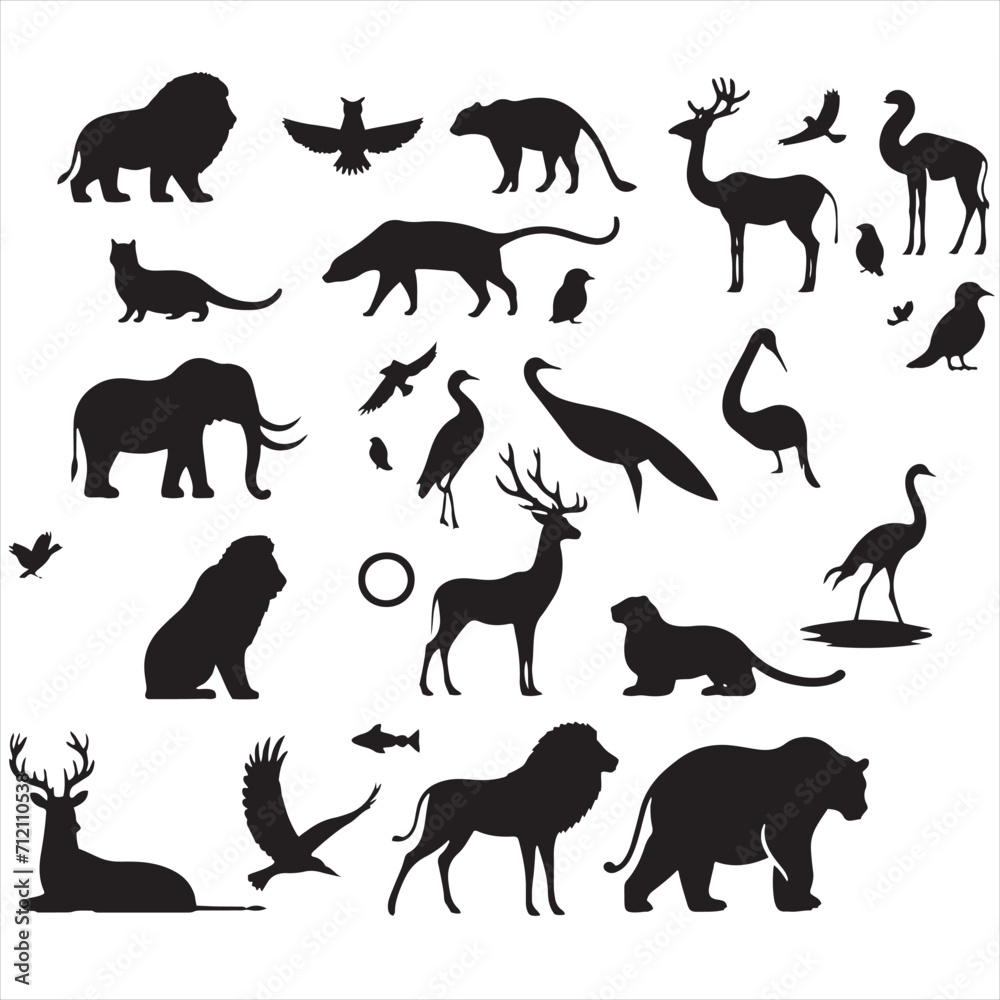 Naklejka premium Majestic Wildlife Silhouette Collection: Diverse Array of Wild Animals in Elegant Shadows - Wildlife Silhouette - Animals Vector