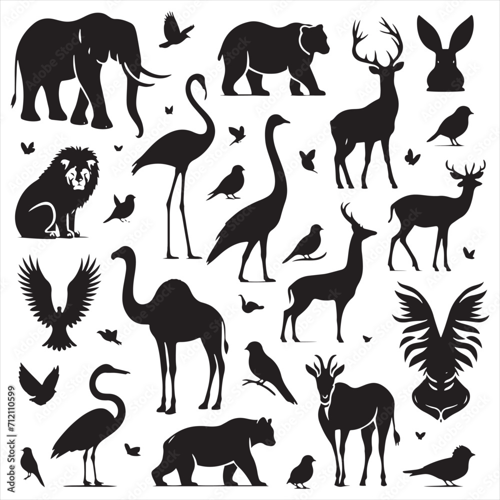 Fototapeta premium Majestic Silhouettes: Striking Set of Wild Animals in Detailed Shadow Form - Wildlife Silhouette - Animals Vector 
