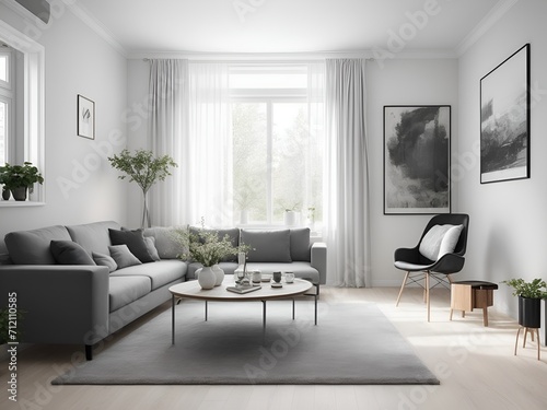 Stylish scandinavian living room with design furniture, plants, bamboo bookstand and wooden desk. Brown wooden parquet. Abstract painting on the white wall. Nice apartment. Modern decor of bright room © dimas