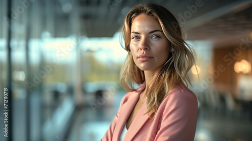 Business woman wearing pink blazer with office background